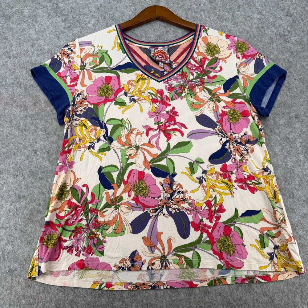 Johnny Was Los Angeles Floral V-Neck Tee Striped Yoke Cream XL
